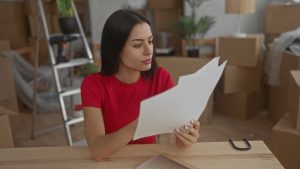 devojka u iznajmljenom stanu, okružena kutijama za selidbu, računa troškove kirije.